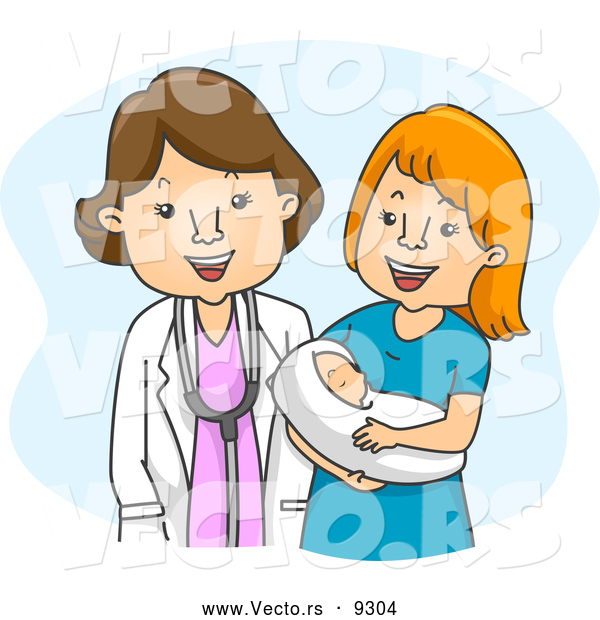 Cartoon Vector of a Gynecologist Doctor Standing with Her Happy Patient and Baby