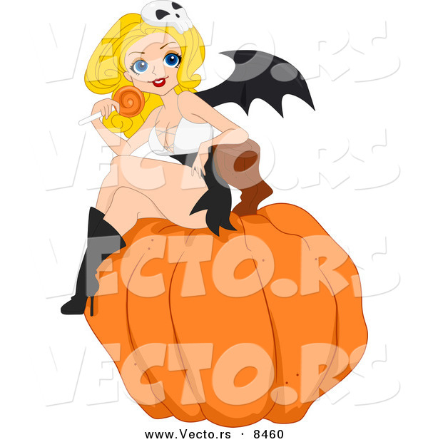 Cartoon Vector of a Halloween Bat Wing Pinup Girl with a Lolipop Sitting on a Pumpkin