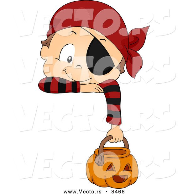 Cartoon Vector of a Halloween Boy Wearing Pirate Costume Hanging over a Sign