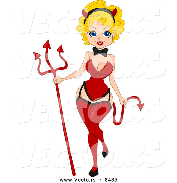 Cartoon Vector of a Halloween Devil Pinup Girl Wearing a Red Costume with a Pitchfork