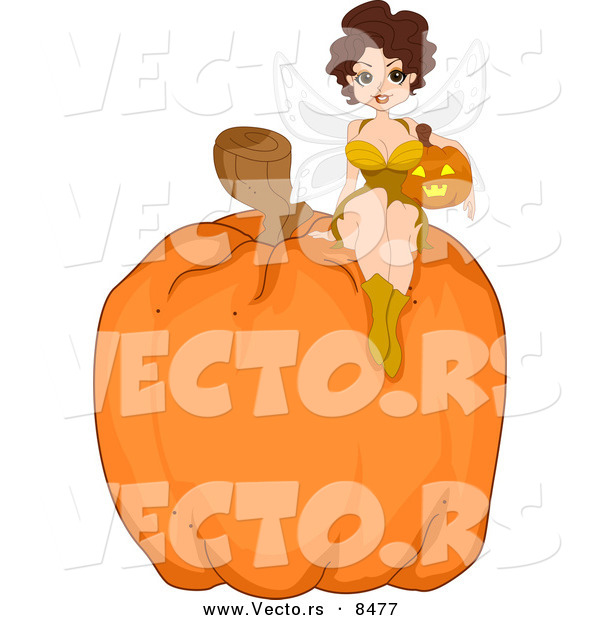 Cartoon Vector of a Halloween Fairy Pinup Girl Sitting on a Giant Pumpkin