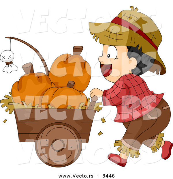 Cartoon Vector of a Halloween Farmer Boy Pusking a Cart Full of Pumpkins