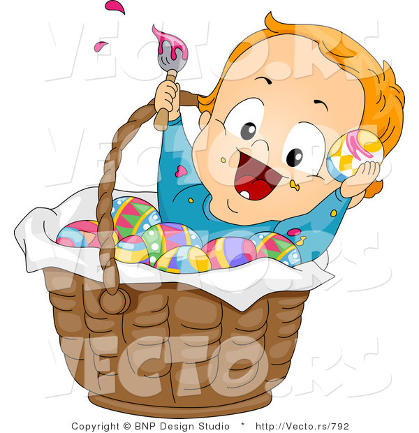 Cartoon Vector of a Happy Baby Boy Painting Easter Eggs in a Basket