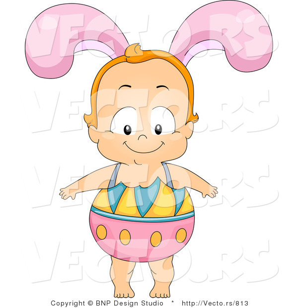 Cartoon Vector of a Happy Baby Boy Wearing Easter Egg Costume with Bunny Ears