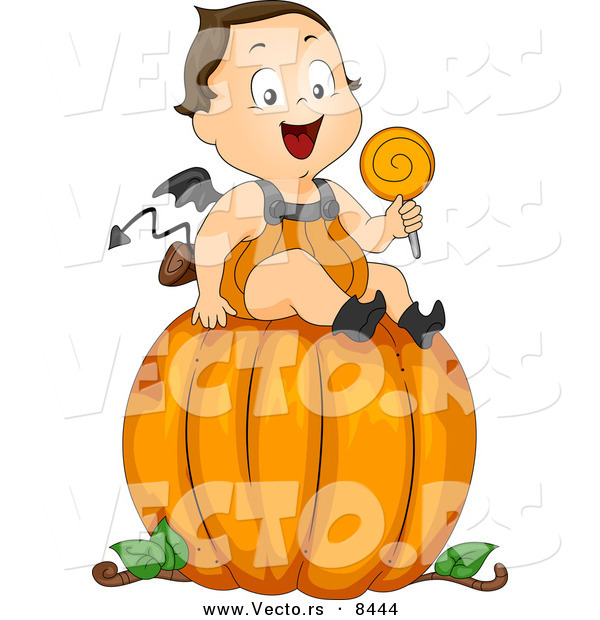 Cartoon Vector of a Happy Baby Halloween Devil Boy Sitting on a Large Pumpkin