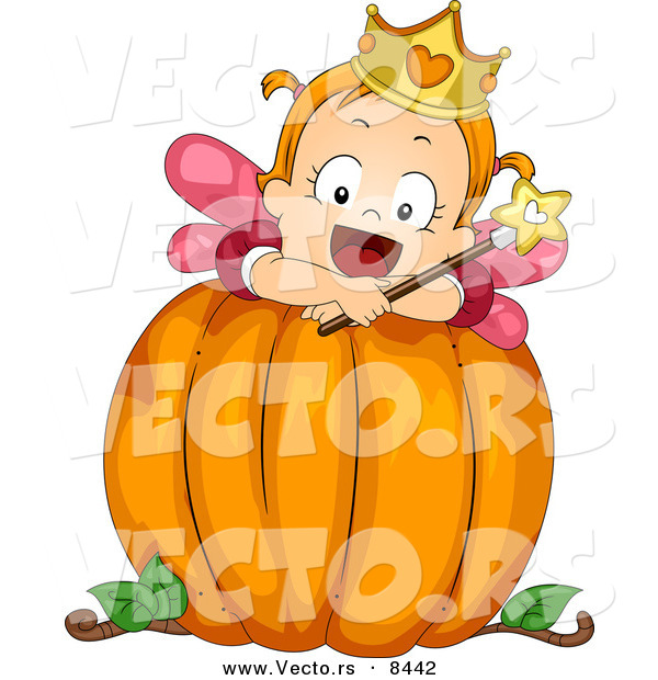 Cartoon Vector of a Happy Baby Halloween Fairy Girl on a Big Pumpkin