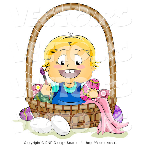 Cartoon Vector of a Happy Baby Painting Easter Eggs in a Basket