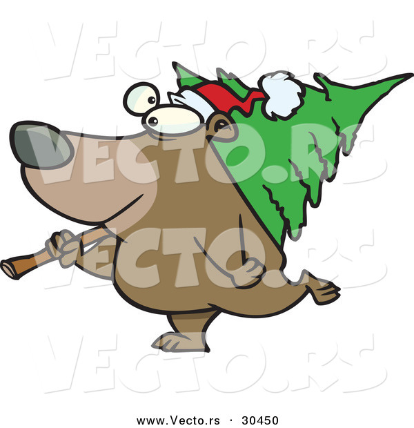 Cartoon Vector of a Happy Bear Carrying a Christmas Tree
