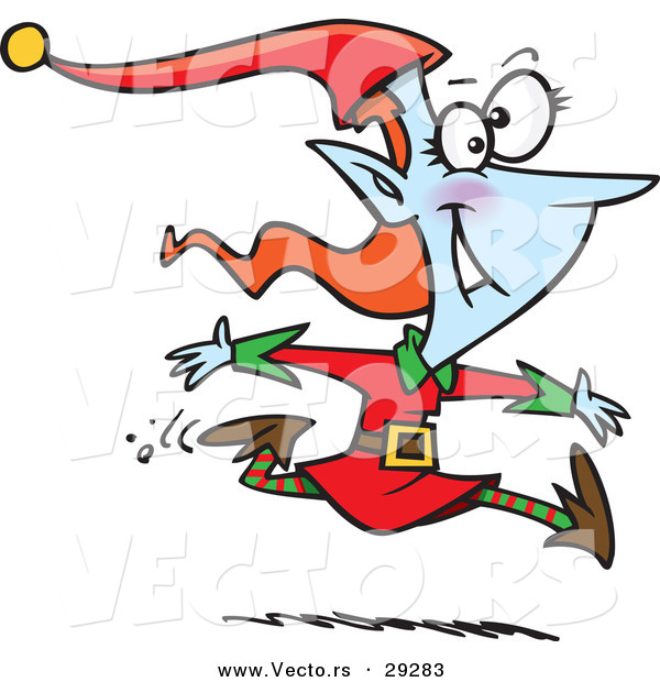 Cartoon Vector of a Happy Blue Female Christmas Elf Running Fast