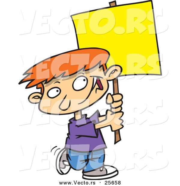 Cartoon Vector of a Happy Boy Advertising with a Blank Sign