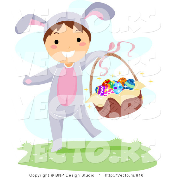 Cartoon Vector of a Happy Boy Carrying Easter Basket Full of Eggs