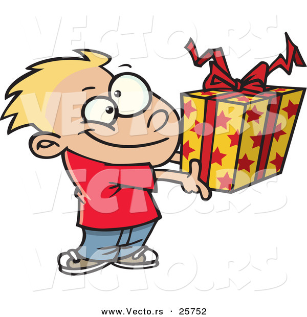 Cartoon Vector of a Happy Boy Holding Present