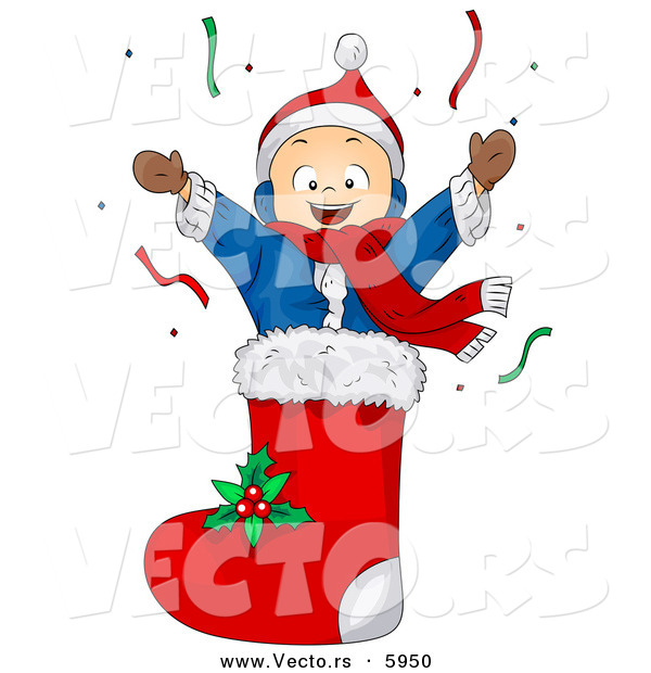 Cartoon Vector of a Happy Boy in Christmas Stocking