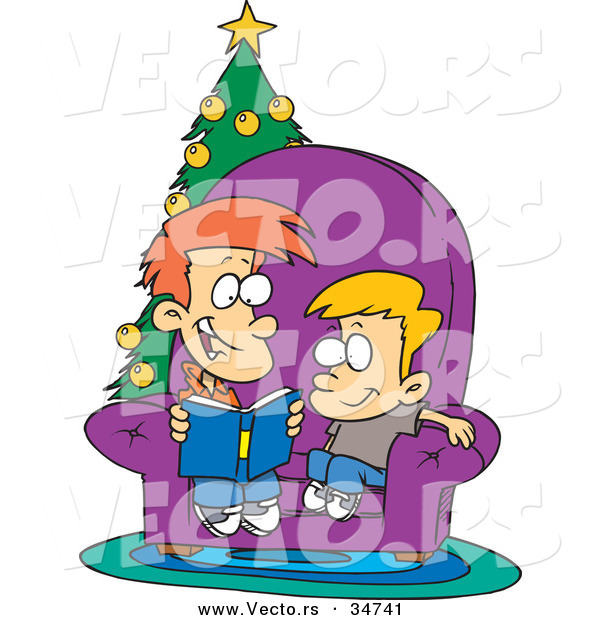 Cartoon Vector of a Happy Boy Reading Christmas Story to His Baby Brother