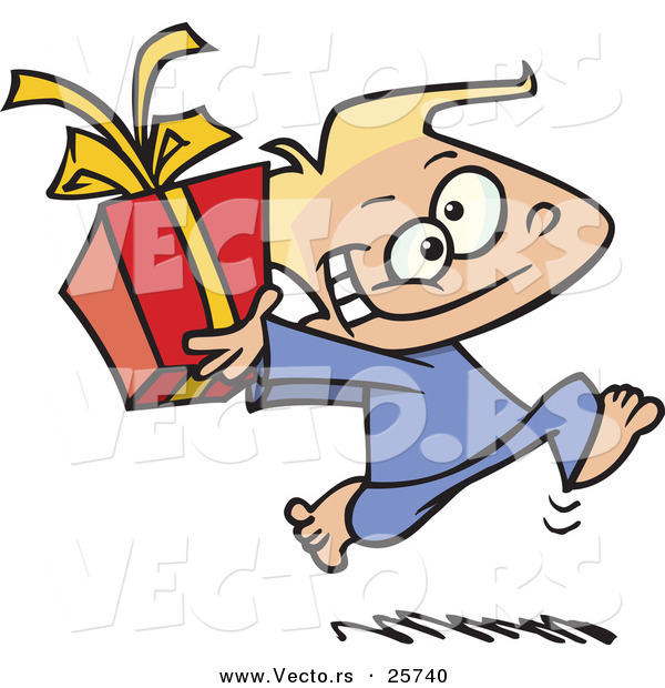 Cartoon Vector of a Happy Boy Running with a Present