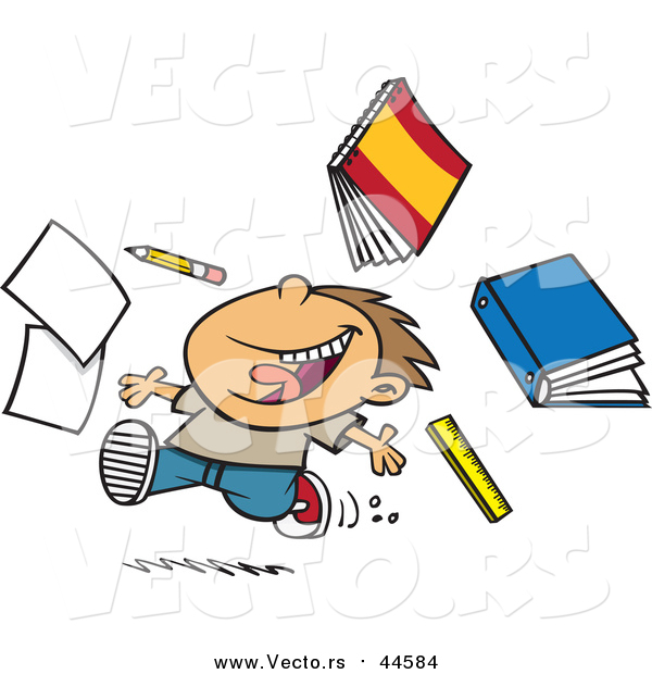Cartoon Vector of a Happy Boy Tossing School Supplies While Running