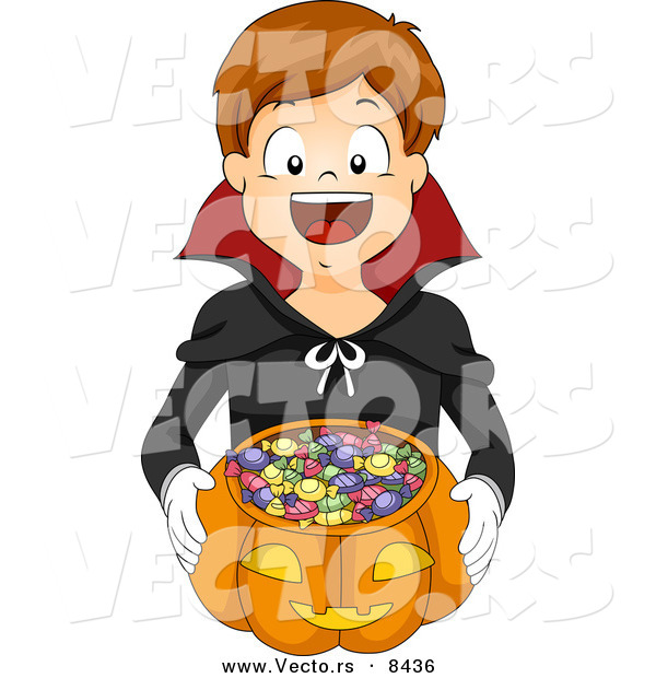 Cartoon Vector of a Happy Boy Trick-or-Treating As a Vampire