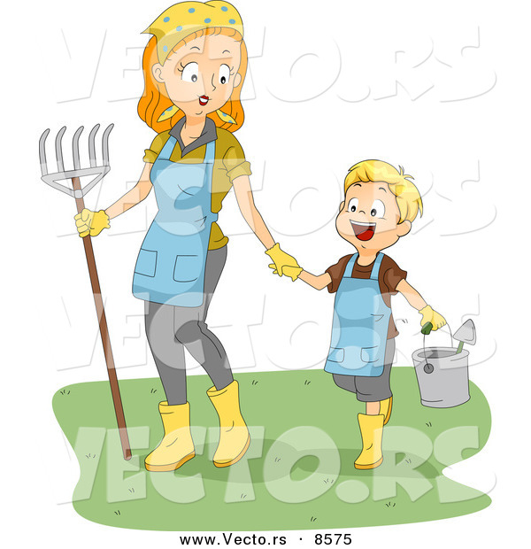 Cartoon Vector of a Happy Boy Walking with His Mom While Carrying Garden Tools