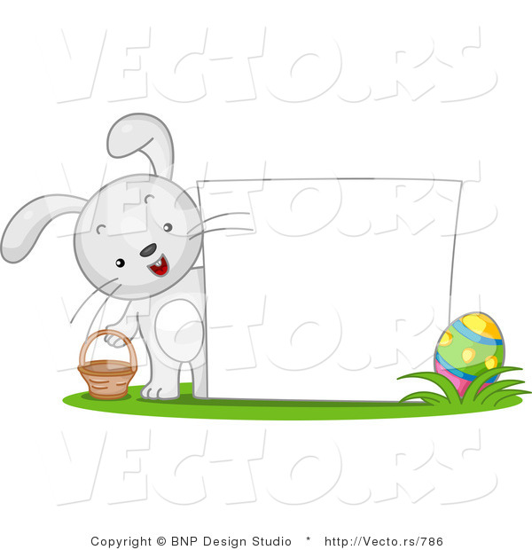 Cartoon Vector of a Happy Bunny Beside Blank Easter Sign