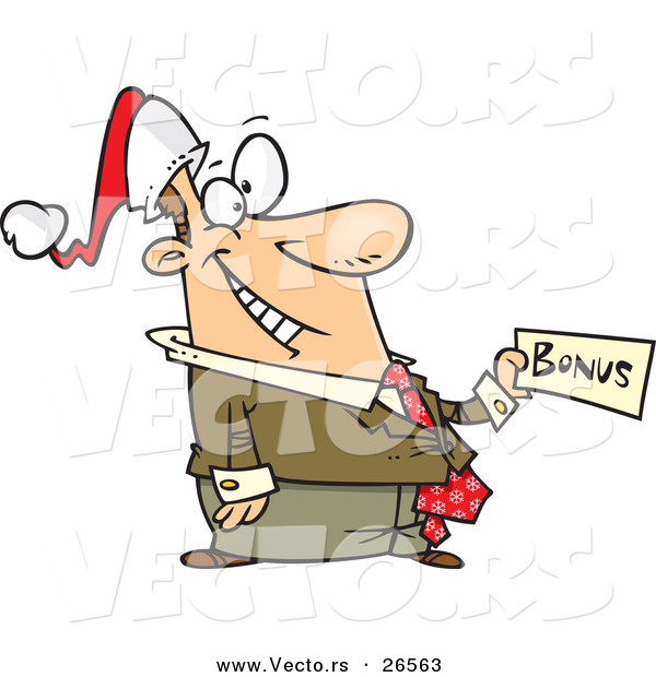 Cartoon Vector of a Happy Businessman with Christmas Bonus and Santa Hat