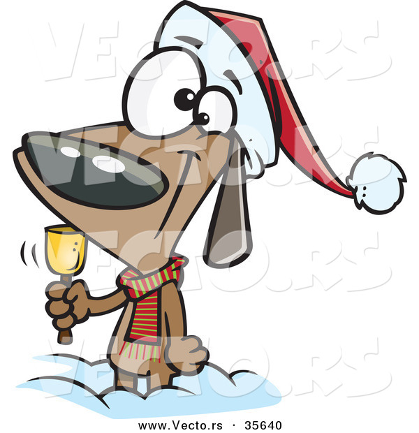 Cartoon Vector of a Happy Christmas Dog Ringing a Bell for Donations