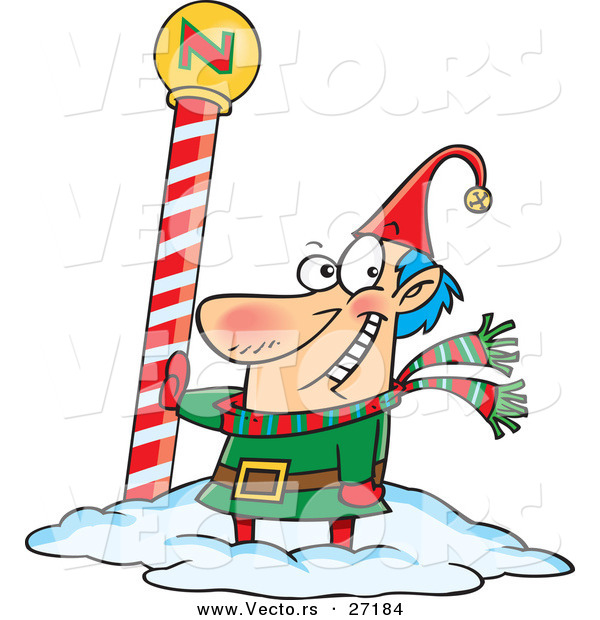 Cartoon Vector of a Happy Christmas Elf Beside the North Pole