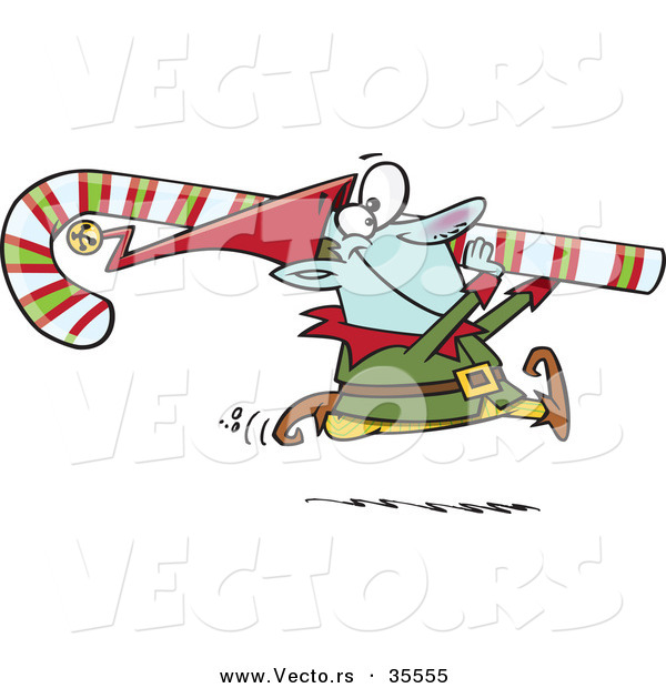 Cartoon Vector of a Happy Christmas Elf Carrying Big Candy Cane