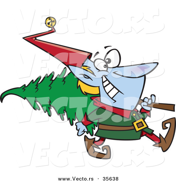 Cartoon Vector of a Happy Christmas Elf Carrying Christmas Tree over His Shoulder