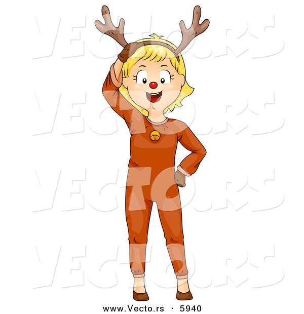 Cartoon Vector of a Happy Christmas Girl Wearing a Reindeer Costume
