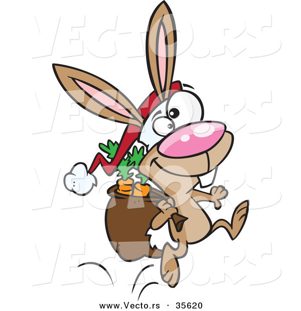 Cartoon Vector of a Happy Christmas Rabbit Delivering Bag Full of Carrots