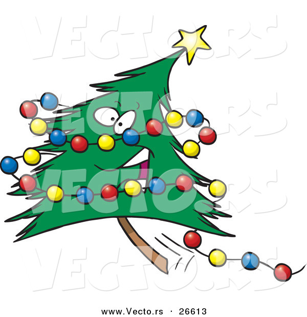 Cartoon Vector of a Happy Christmas Tree Character with Colorful Baubles