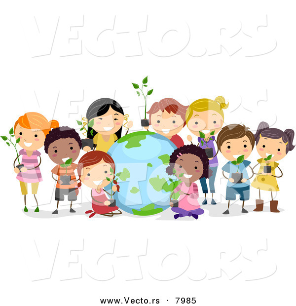 Cartoon Vector of a Happy Diverse Students Holding Potted Plants Beside a Globe