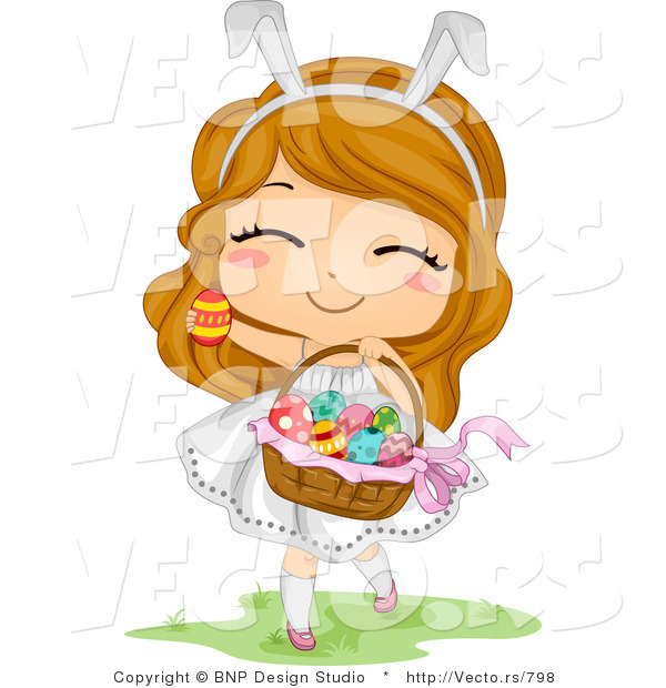 Cartoon Vector of a Happy Easter Girl Carrying Basket Full of Eggs