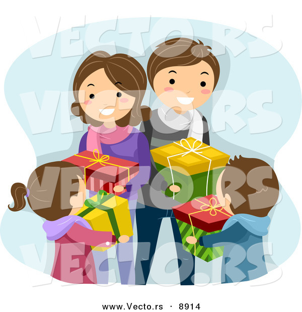 Cartoon Vector of a Happy Family Exchanging Gifts on Christmas