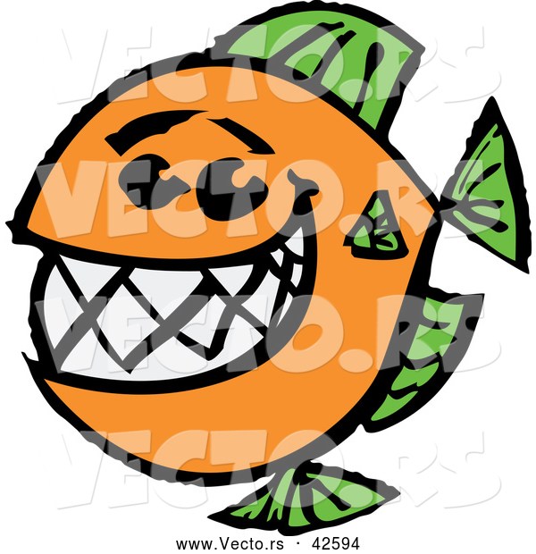 Cartoon Vector of a Happy Fish with a Big Teeth - Orange and Green Theme