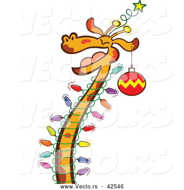 Cartoon Vector of a Happy Giraffe Celebrating Chrismtas with Lights and Ornaments