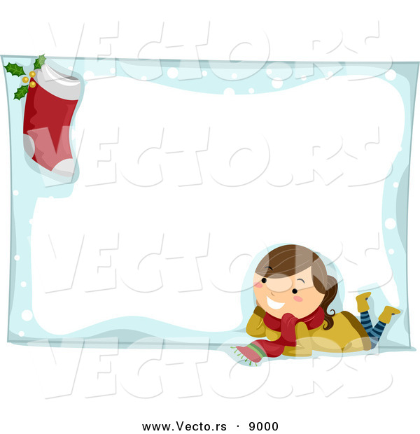 Cartoon Vector of a Happy Girl and Stocking Composited on a Blank Snow Frame for Christmas