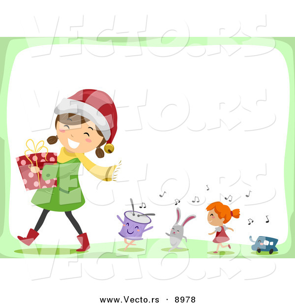 Cartoon Vector of a Happy Girl Carrying a Present Followed by Singing Toys on Christmas