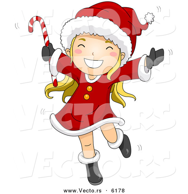 Cartoon Vector of a Happy Girl Dancing with Candy Cane on Christmas