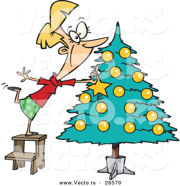 Cartoon Vector of a Happy Girl Decorating a Christmas Tree