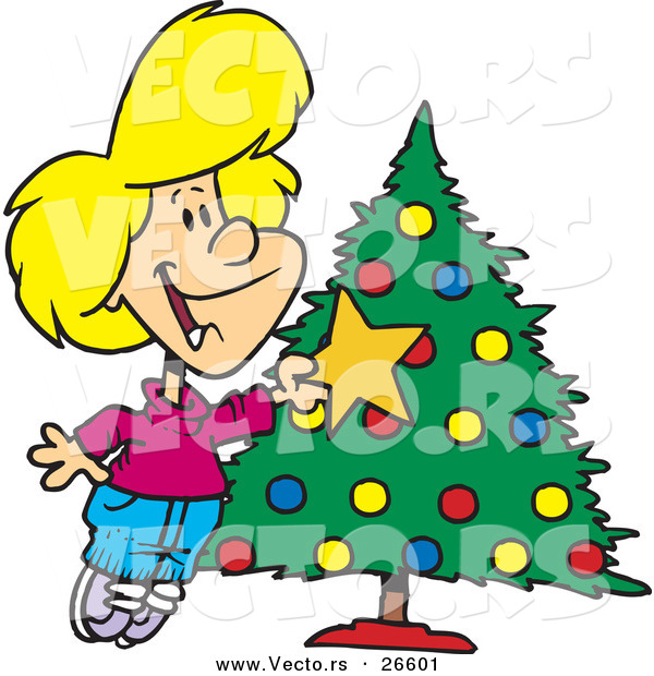 Cartoon Vector of a Happy Girl Decorating a Christmas Tree with a Gold Star