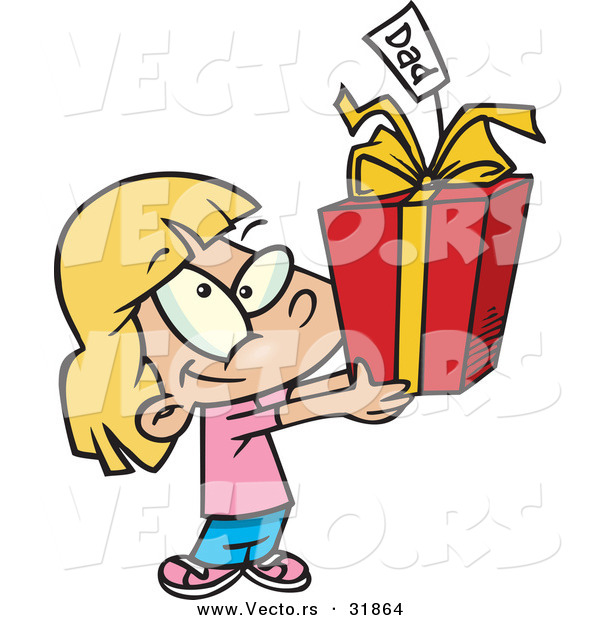 Cartoon Vector of a Happy Girl Giving Present to Dad