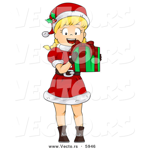 Cartoon Vector of a Happy Girl Holding a Wrapped Christmas Present