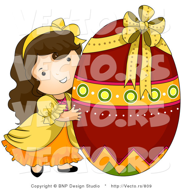 Cartoon Vector of a Happy Girl Hugging Giant Red Easter Egg