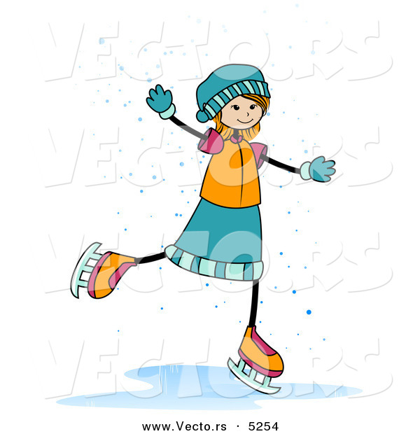 Cartoon Vector of a Happy Girl Ice Skating in the Snow