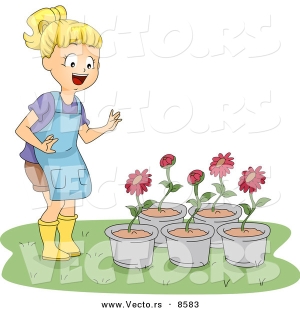 Cartoon Vector of a Happy Girl Looking at 5 Potted Red Flowers