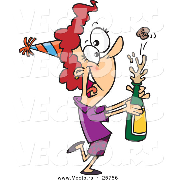 Cartoon Vector of a Happy Girl Opening a Bottle of Wine at a New Year's Party