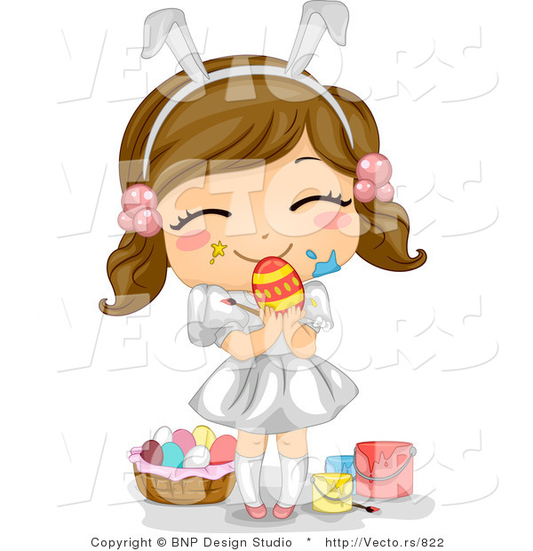 Cartoon Vector of a Happy Girl Painting Easter Eggs
