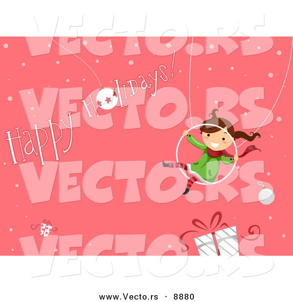 Cartoon Vector of a Happy Girl Swinging over a Gift with a Happy Holidays for Christmas