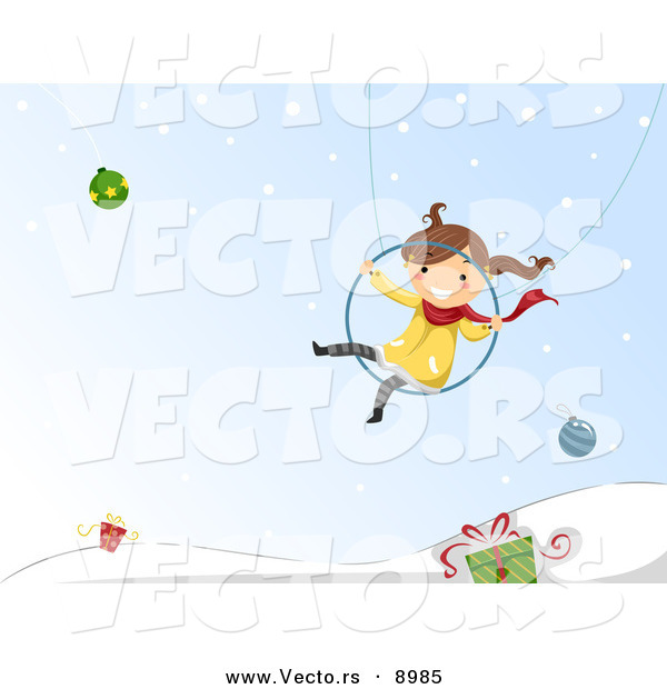 Cartoon Vector of a Happy Girl Swinging over Winter Background with Baubles and Gifts